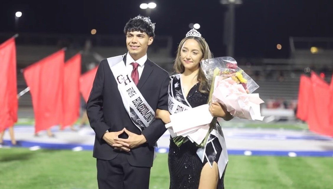 Homecoming King Salvador German Rico and Homecoming Queen Angie Torres pose for a photo on Oct. 4 at Jacob Rankin Stadium.