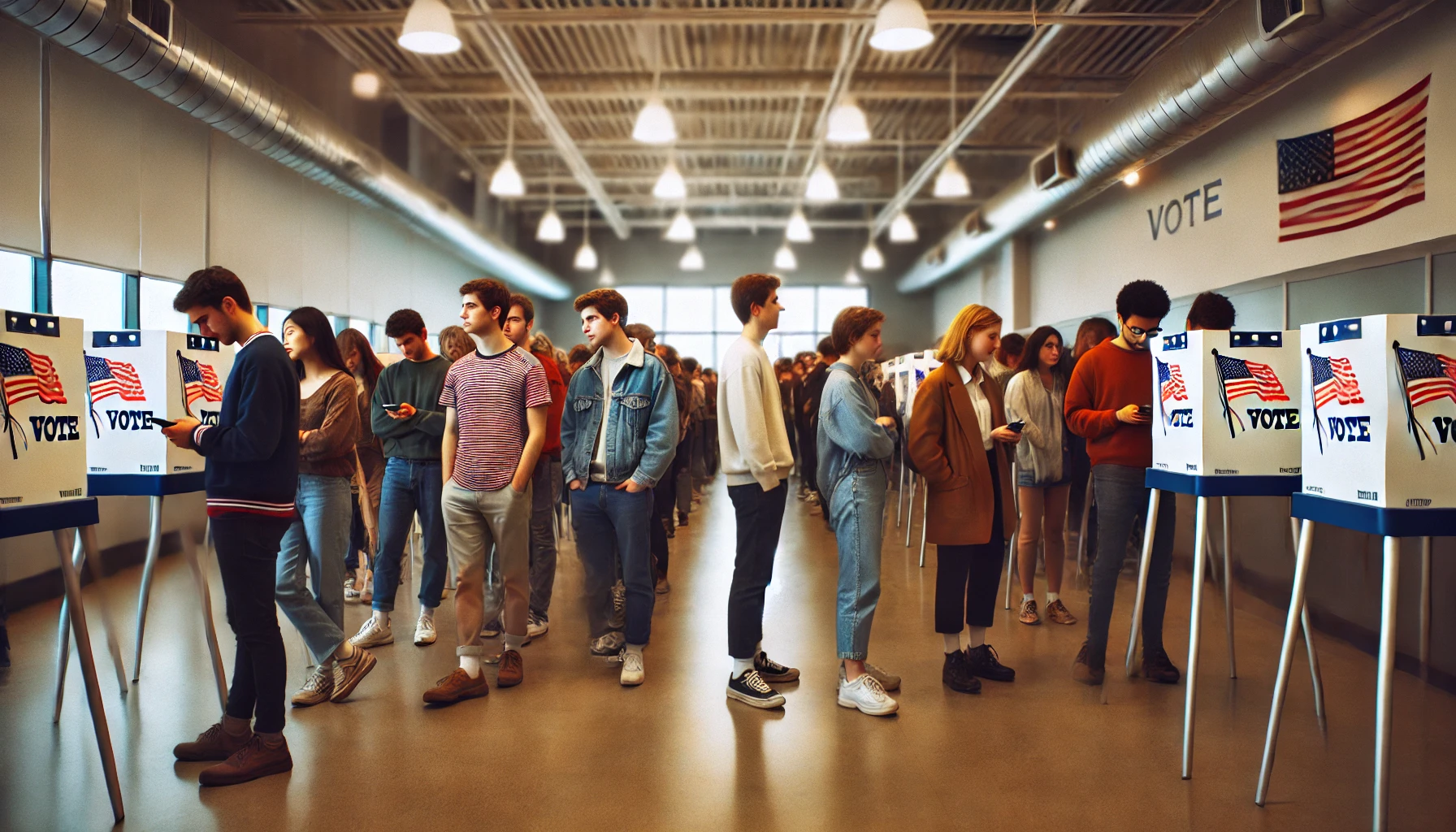 This AI Generated photo shows young voters at a polling place lined up to vote. 