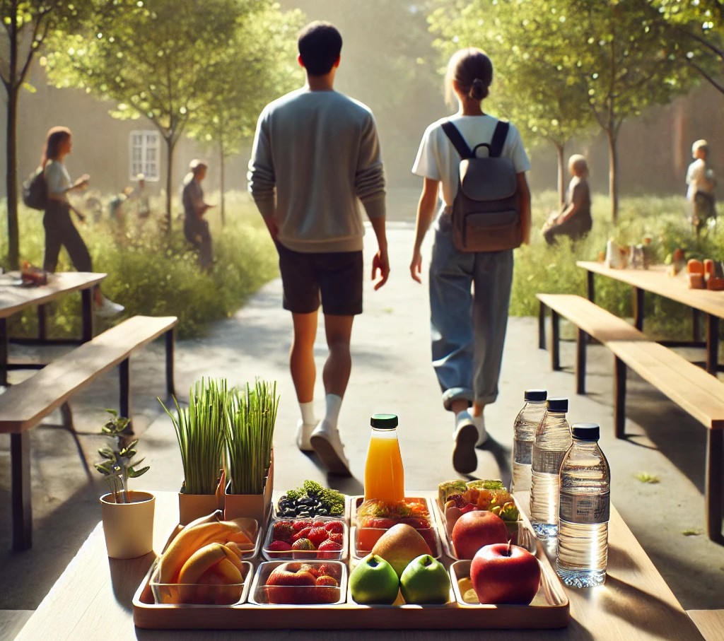 This AI generated photo shows two students going on a walk after eating some healthy snacks. 