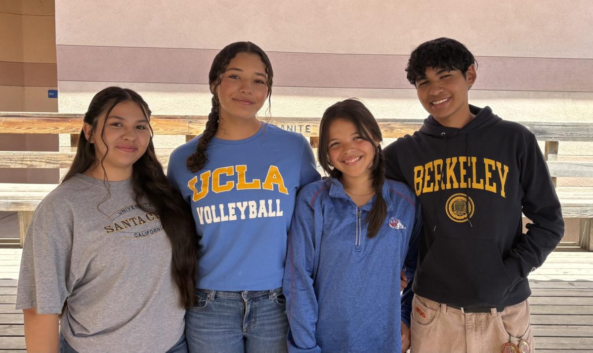 Brianna Torres, Yazlin Reyes, Dazie Galindo,  and Alejandro Valencia wear their college attire. One day, they will feel the stress and pressure of awaiting their college acceptance letters like many seniors this year.